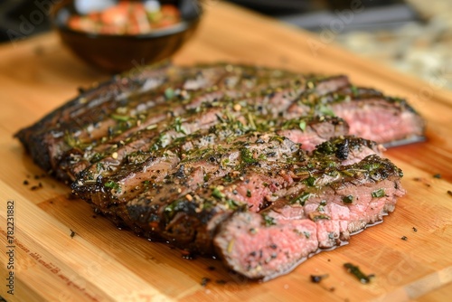 London broil steak marinated with herbs and spices and cooked medium rare
