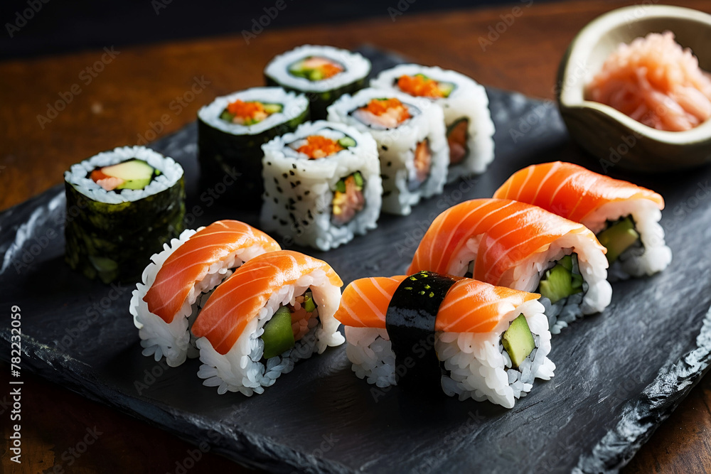 A spread of sushi and sashimi artfully presented on a slate with natural elements and garnishes, generated by Ai. A spread of sushi and sashimi artfully presented on a slate with natural elements and garnishes, generated by Ai.