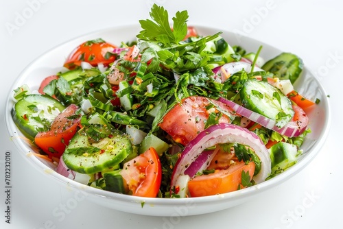 Low view of Arabic Lebanese Fattoush Salad cold appetizers on white background