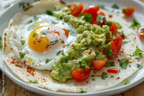Mexican style breakfast with poached egg and guacamole on tortilla