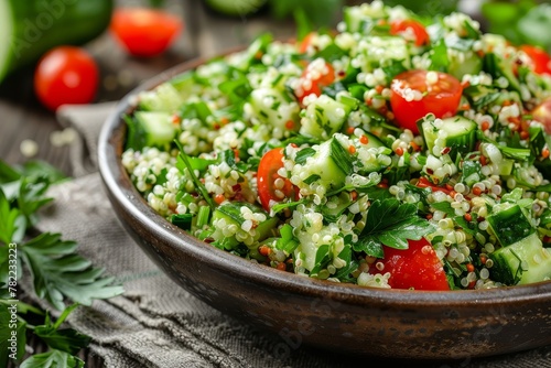 Middle eastern tabbouleh with quinoa parsley cucumber and cherry tomatoes