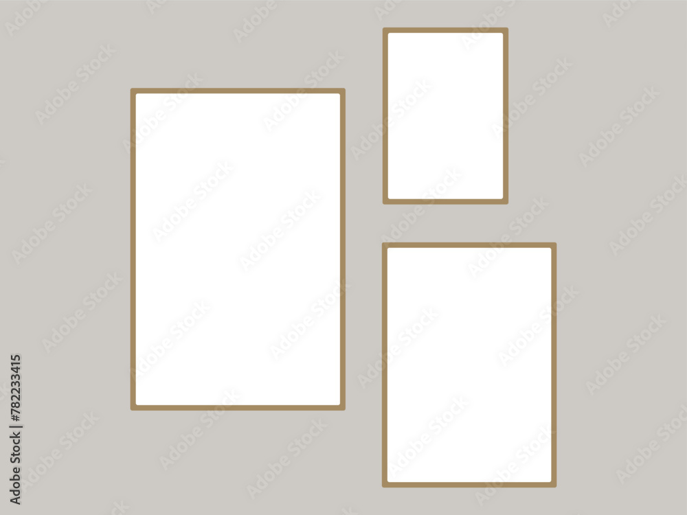 Photo picture frames on wall, vector white mockups or empty posters. Empty photo frames mockups for pictures or photograph, Photo picture frames on wall, vector white mockups or empty posters. Empty photo frames mockups for pictures or photograph,