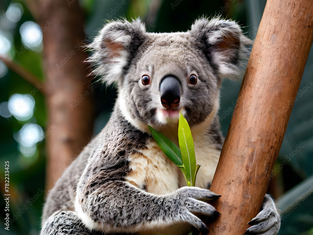 Naklejka premium A koala bear perched on a tree branch, holding a eucalyptus leaf