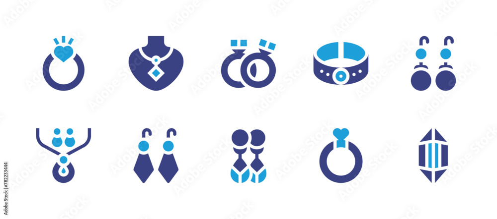 Jewelry icon set. Duotone color. Vector illustration. Containing necklace, engagement ring, rings, jewelry, earrings, gemstone, bracelet, ring.