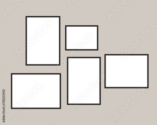 Photo picture frames on wall, vector white mockups or empty posters. Empty photo frames mockups for pictures or photograph,