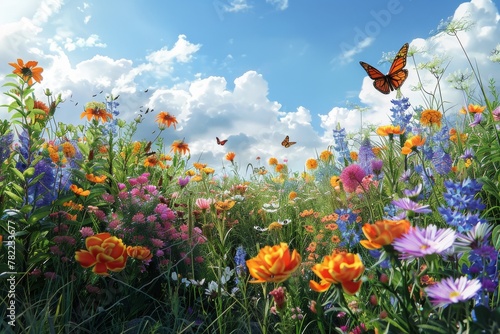 A butterfly is flying in a field of flowers © itchaznong