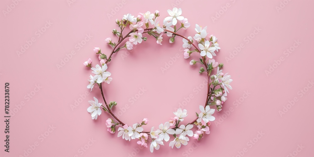 beautiful white wreath made of small flowers on a pink background