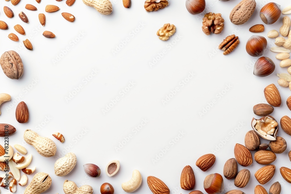 Fototapeta premium Nutty layout with various nuts seeds isolated on white Fresh food idea