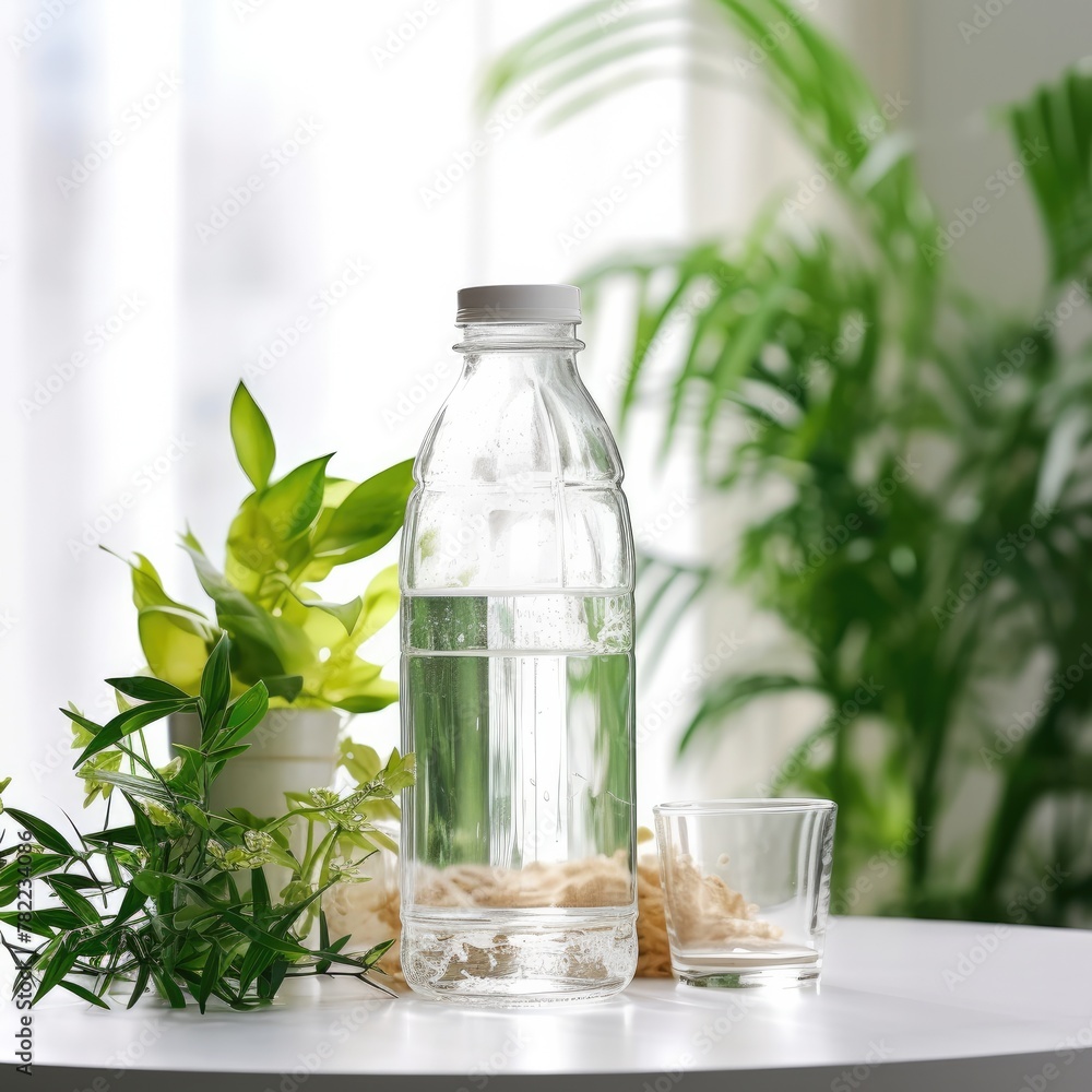 bottle of water, for mockup, on the table, with plants scene, product photography, bottle of water, for mockup, on the table, with plants scene, product photography,