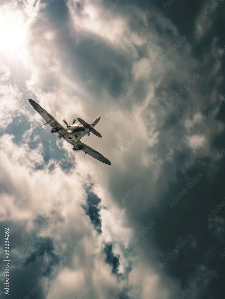 The majestic flight of an aircraft ascending into a dramatic cloudscape, illuminated by sunbeams. The majestic flight of an aircraft ascending into a dramatic cloudscape, illuminated by sunbeams.