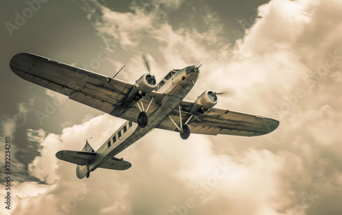 Sepia-toned image capturing a vintage dual-engine aircraft with star insignia ascending against a cloudy sky backdrop, evoking nostalgia.