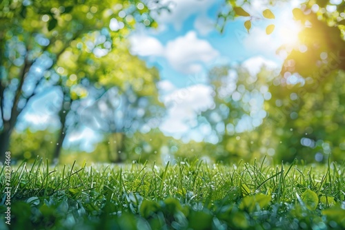 Close Up Summer Lawn With Blurred Green Trees on Background and the Sun Shining Through the Branches