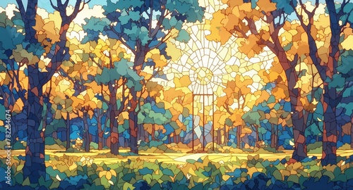 Abstract art of stained glass forest, vibrant colors