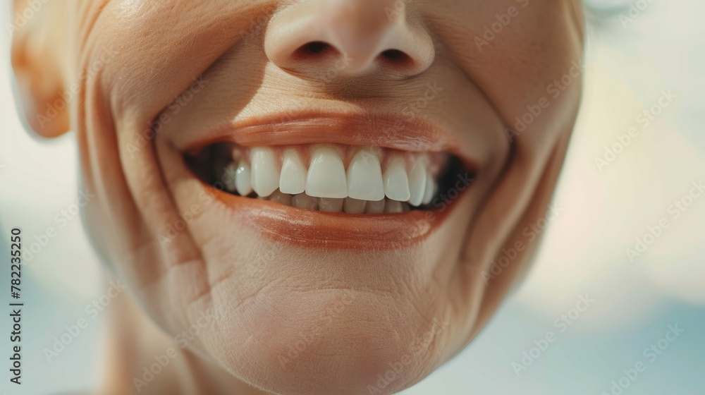 Fototapeta premium Dental Care. close up mouth senior or adult, Healthy Smile Elderly show beautiful of teeth, confident in orthodontics, advertising, white teeth, online plating, dentures, dental implants,