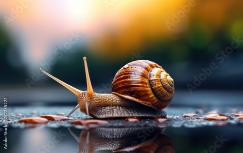 Snail climbing on a glistening surface