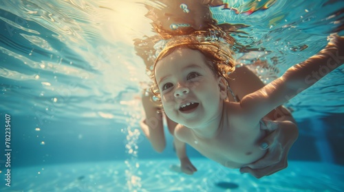 Cute smiling baby and mom having fun swimming and diving in the pool at the resort on summer vacation. Activities and sports to happy kid, family, holiday,