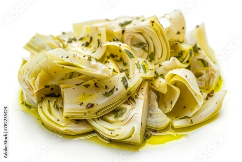 Pile of artichoke hearts in oil and herbs on white background