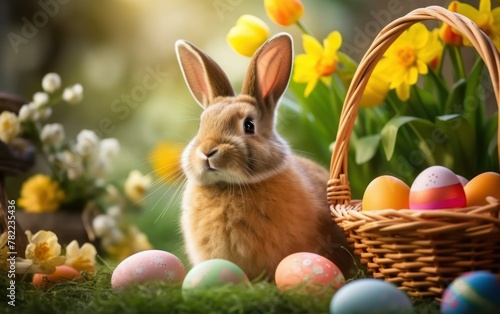 Cute rabbit beside Easter eggs and spring blooms