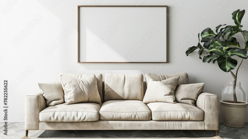 interior design of modern living room with beige fabric sofa and cushions. White wall with frame and space for text, living, furniture interior design of modern living room with beige fabric sofa and cushions. White wall with frame and space for text, living, furniture