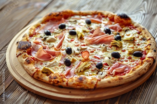 Pizza with black olives artichokes and ham on wooden background Italian dish for eating