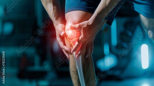 male athlete or spot male having knee injury due to ligament inflammation, man knee pain due to exercise, massage, muscle relaxation, rheumatoid arthritis, gait disturbance, rheumatoid arthritis photo