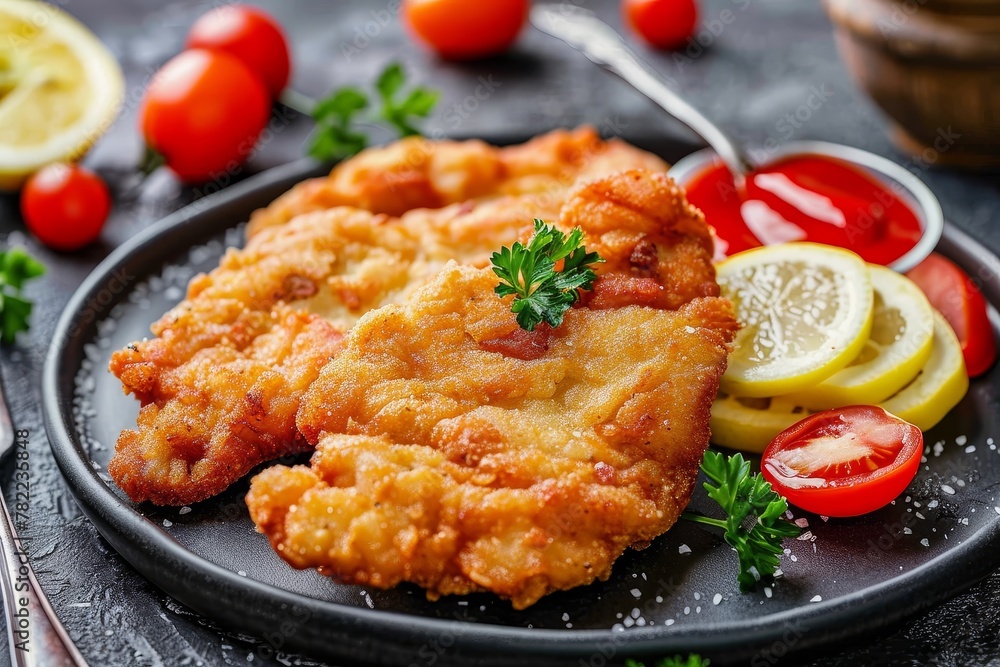 Platter with fried veal slices Platter with fried veal slices