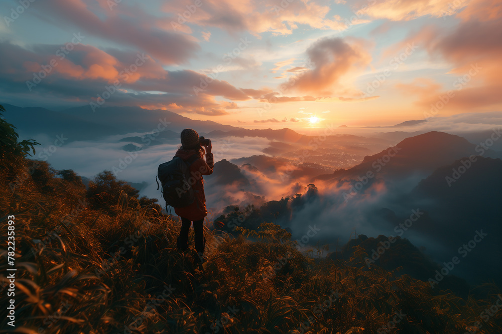 Fototapeta premium A traveler capturing the beauty of a majestic sunrise over a misty mountain range. Person on mountain capturing sunset with afterglow in natural landscape