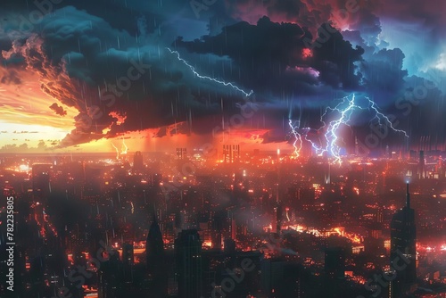 apocalyptic cityscape with ominous storm clouds and lightning dystopian scifi illustration
