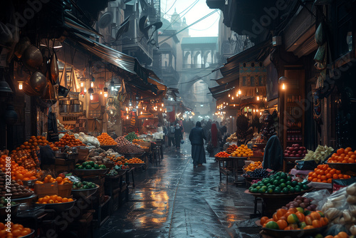 A picturesque view of a bustling street market in a foreign city.Market full of natural foods on a rainy day in the city photo