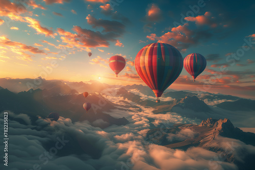 A serene image of a mountain landscape with colorful hot air balloons floating in the sky.Hot air balloons drifting over mountains at sunset in azure sky