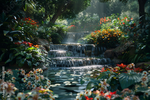 A serene image of a tranquil garden oasis with blooming flowers and peaceful water features. Waterfall cascading in garden with flowers, trees, and lush natural landscape