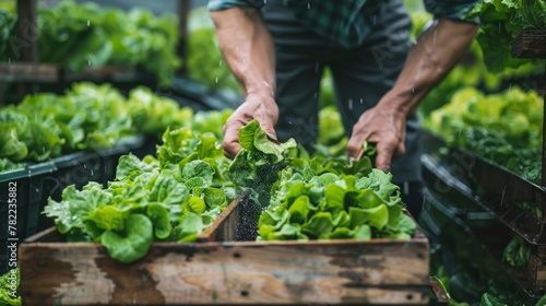 Organic farming, salad farm. Farmers harvest salad vegetables into wooden boxes in rainy. Hydroponics vegetable grow naturally. greenhouse garden, Ecological Biological, Healthy, Vegetarian, ecology