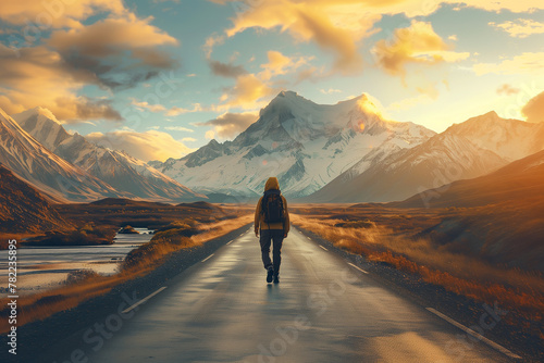 A traveler embarking on a scenic road trip through breathtaking landscapes and charming villages. A person strolls along a road with towering mountains in the background photo