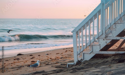 A seagull perched on beach near stairs leading to ocean  with horizon in view