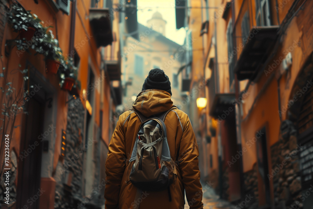 A traveler exploring narrow cobblestone streets lined with charming cafes and boutiques. A pedestrian with a backpack strolls through a dim alley between buildings A traveler exploring narrow cobblestone streets lined with charming cafes and boutiques. A pedestrian with a backpack strolls through a dim alley between buildings