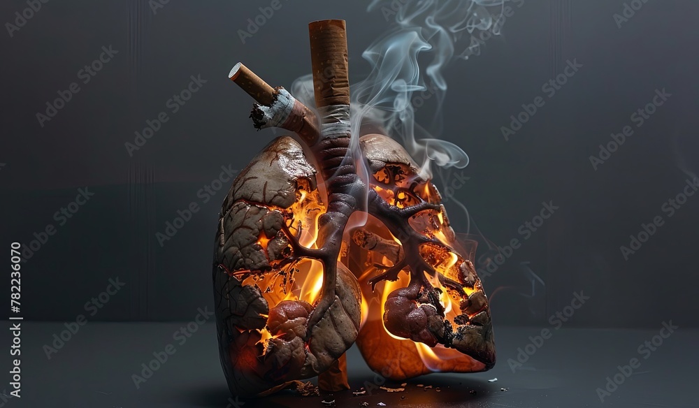 Naklejka premium Burning human lungs model with cigarette depicting health risks
