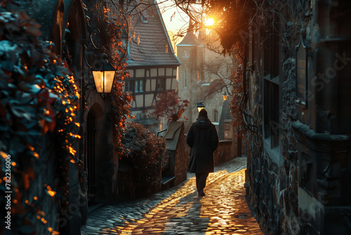 A traveler wandering through narrow alleyways of a historic medieval town. Man strolling on cobblestone road in citys dark streets