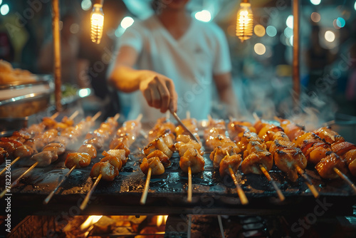 A traveler sampling exotic street food from a vibrant night market. Man grilling meat skewers like Suya, Satay, or Chicken tikka photo