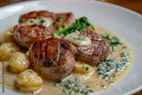 Pork medallions with blue cheese sauce and gnocchi photo