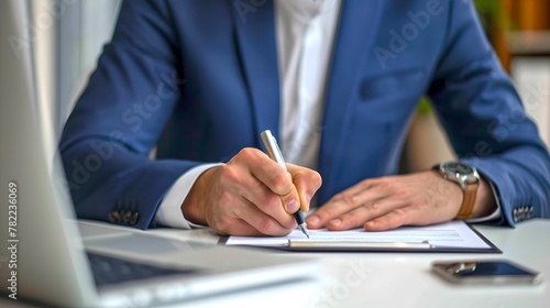 Close-up of a Professional at Work, Signing Important Documents. Businessman in Blue Suit Working in Office. Focus on the Task. AI