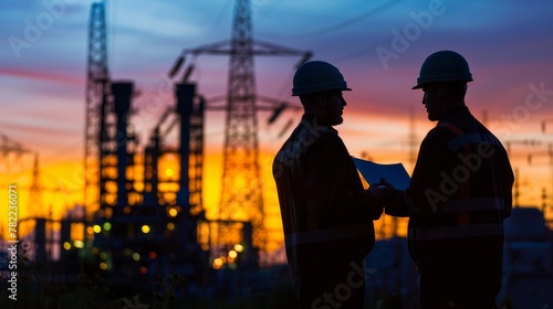 Silhouettes of two engineers standing at a power station, discussing plans, industrial, pollution, factory, environment, smoke, sky, ecology, plant, steam © pinkrabbit