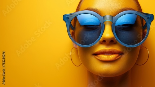 Woman with oversized blue sunglasses on a yellow background © cac_tus