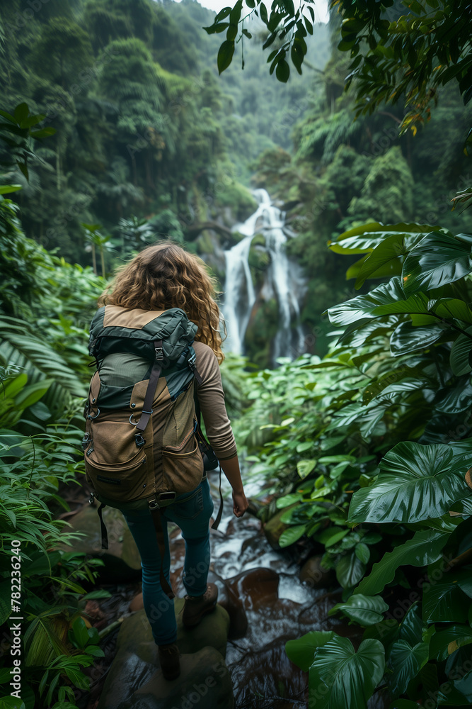 A traveler hiking through lush green forests to discover hidden waterfalls. A woman with a backpack is hiking towards a waterfall in a lush green forest