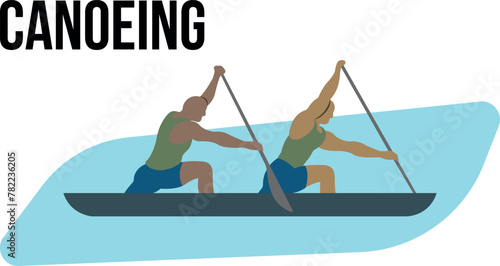 Two athletes of different ethnicities competing on a canoeing marathon