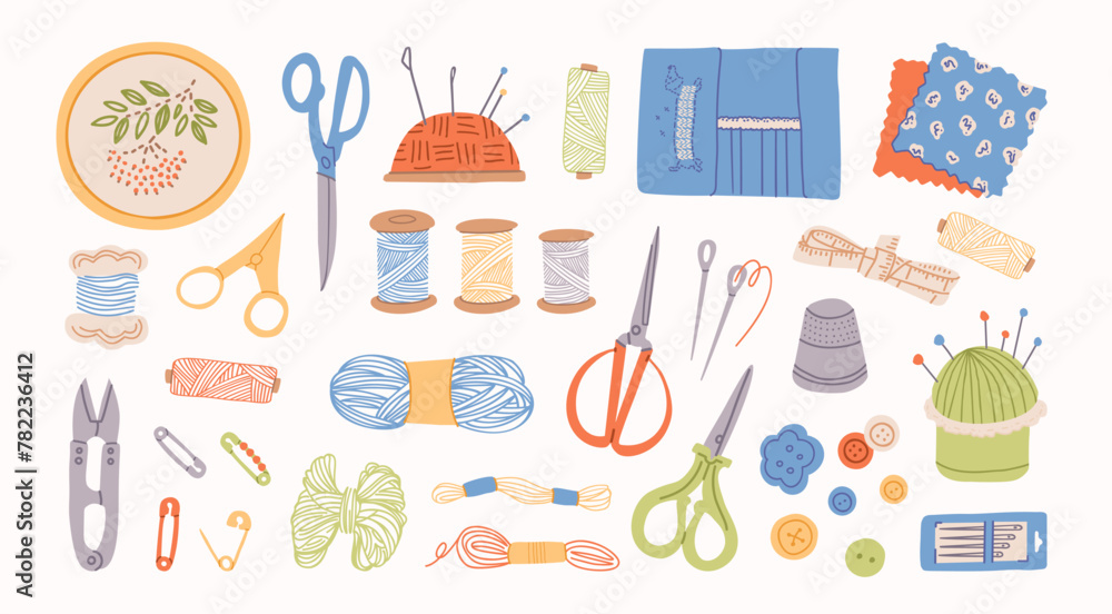 Seamless pattern with different sewing and embroidery tools on white background. Endless repeating texture with craft items for printing. Colored flat vector illustration of printable backdrop Seamless pattern with different sewing and embroidery tools on white background. Endless repeating texture with craft items for printing. Colored flat vector illustration of printable backdrop