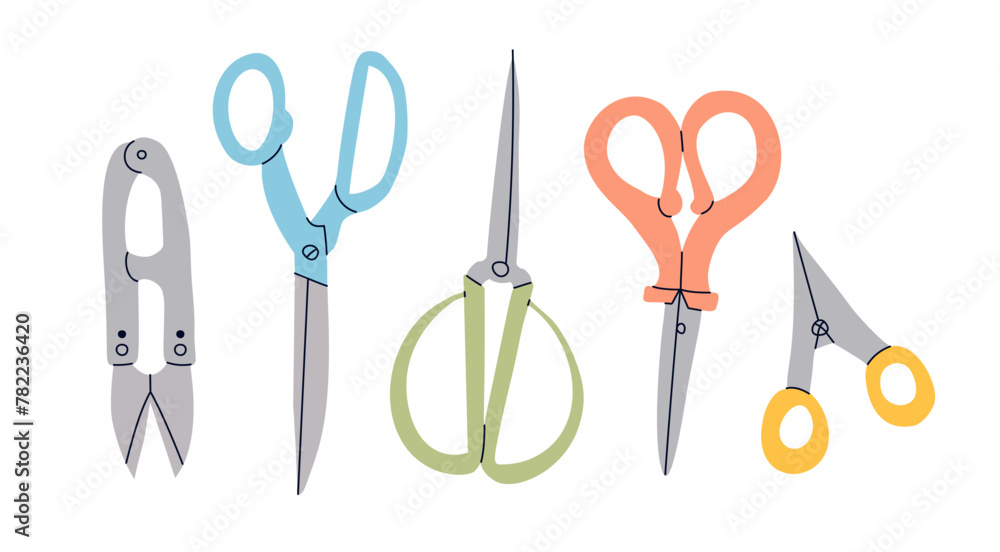 Set of various scissors. Elegant, fashionable, practical style. Hand drawn vector illustration. Isolated design elements. Paper cutting, scissors, haircut concept, fabric cutting Set of various scissors. Elegant, fashionable, practical style. Hand drawn vector illustration. Isolated design elements. Paper cutting, scissors, haircut concept, fabric cutting