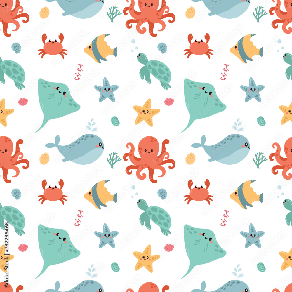 Marine animals seamless pattern. Trendy pattern of marine animals for wrapping paper, wallpaper, stickers, notebook cover. Marine animals seamless pattern. Trendy pattern of marine animals for wrapping paper, wallpaper, stickers, notebook cover.