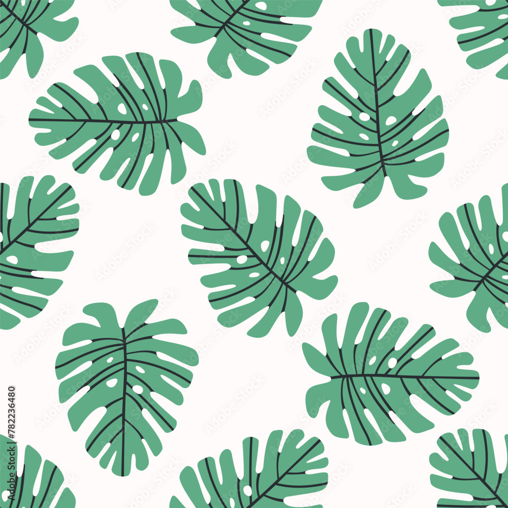Seamless vector tropical design with monstera palm leaves on white background. Exotic Hawaiian fabric design.