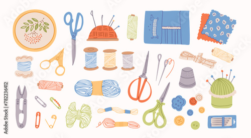 Seamless pattern with different sewing and embroidery tools on white background. Endless repeating texture with craft items for printing. Colored flat vector illustration of printable backdrop