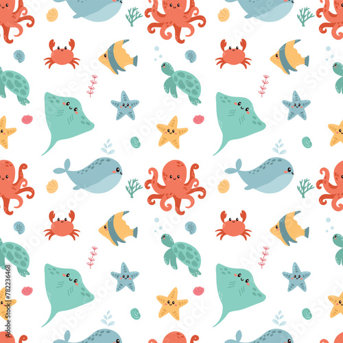 Marine animals seamless pattern. Trendy pattern of marine animals for wrapping paper  wallpaper  stickers  notebook cover.